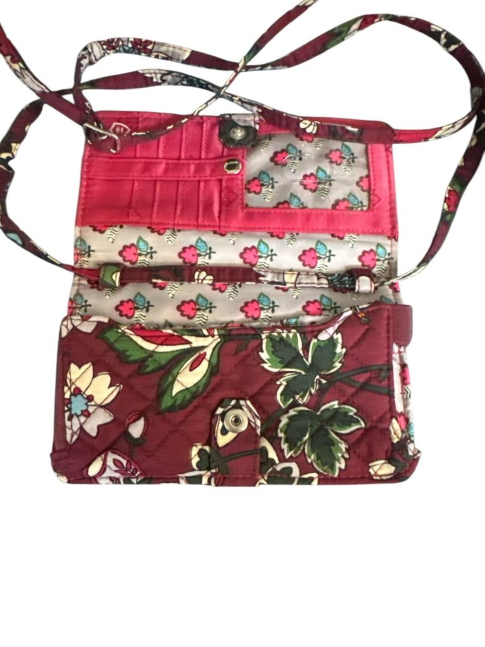 Vera Bradley RFID Crossbody Wallet In Burgundy Floral Pattern With Card Slots &